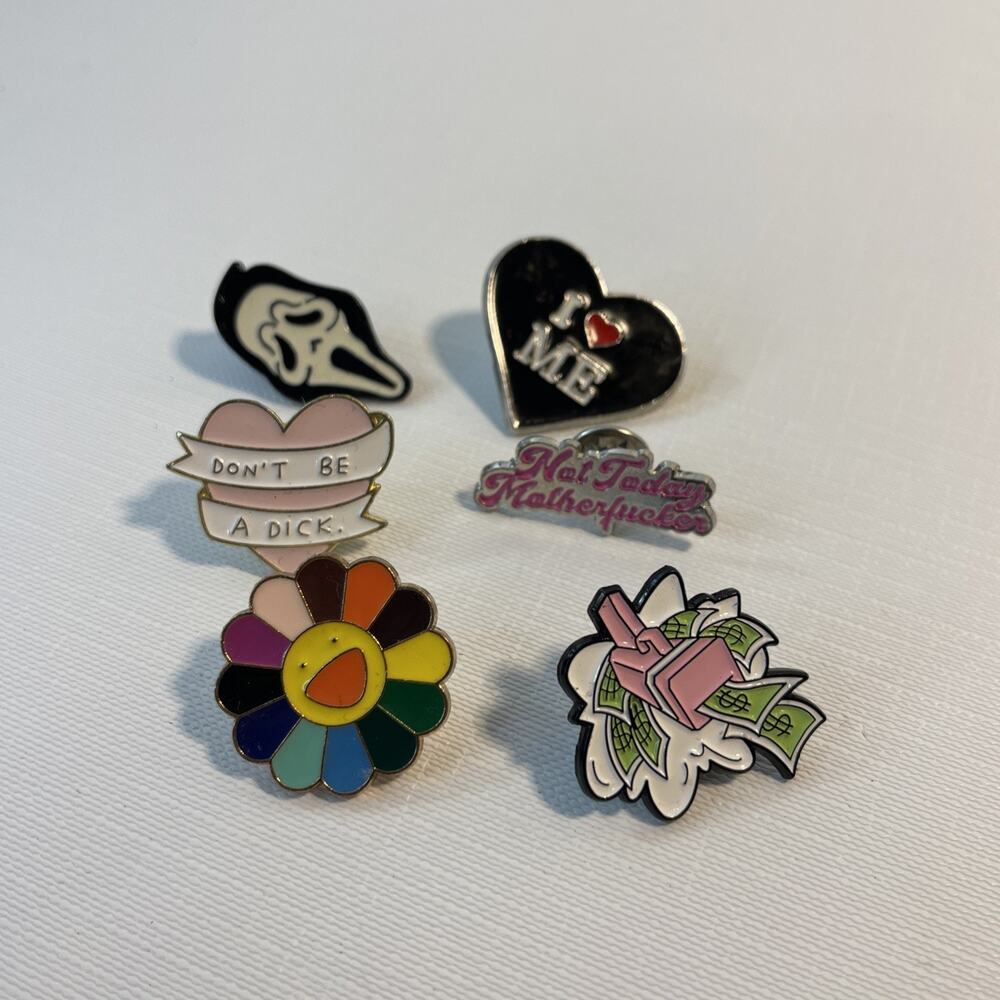 Lot of 6 Enamel Lapel Pins - Pop Culture, Horror, Murakami Style, Funny Quotes